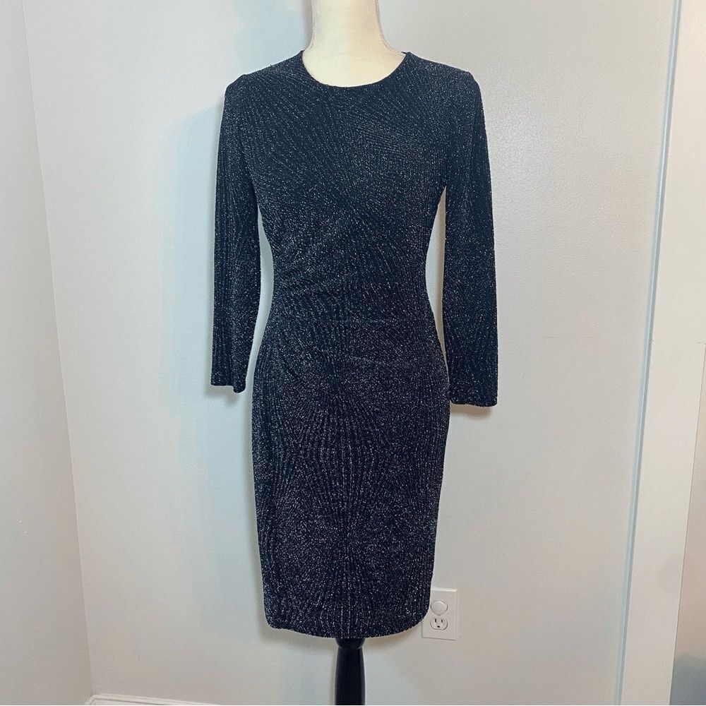 Shoshanna Sparkly Black Fitted Bodycon Long Sleeve Midi Length Cocktail Dress